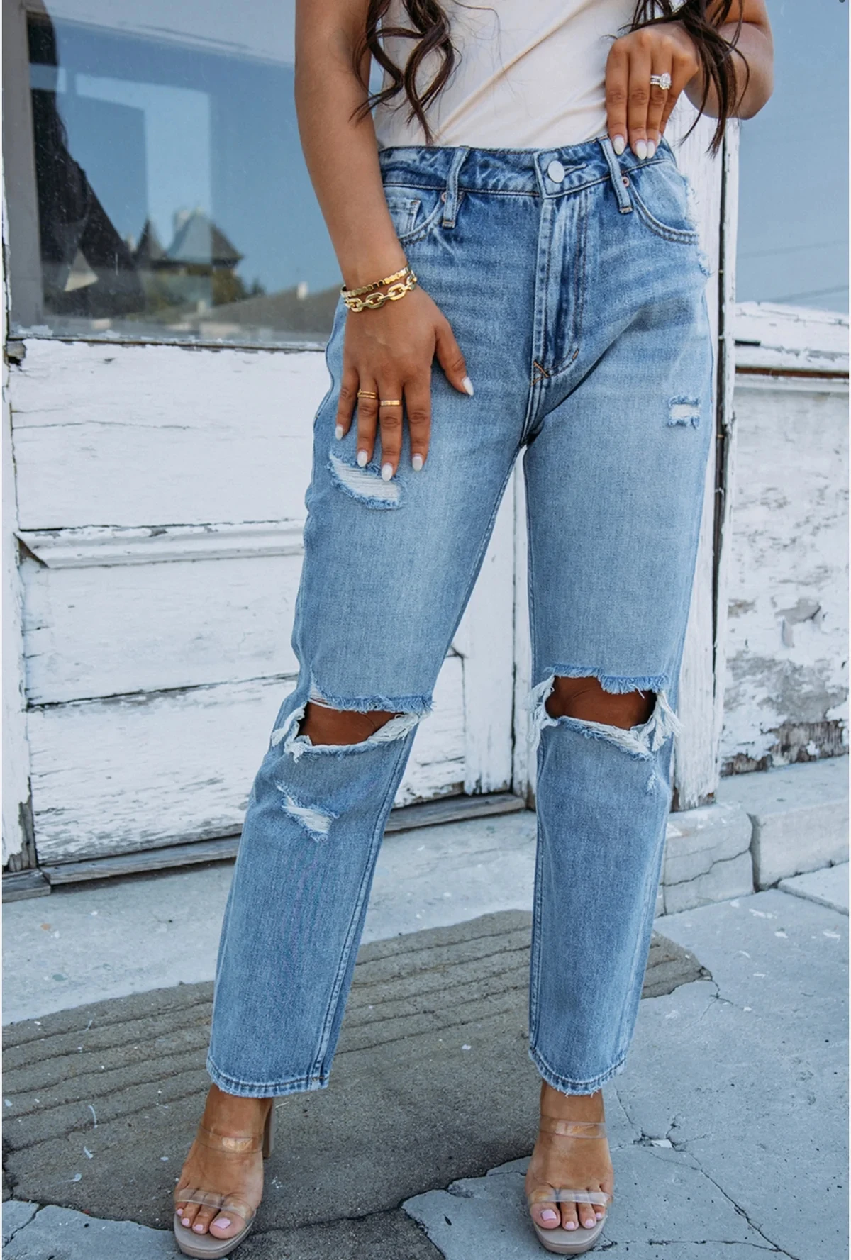 

Женские повседневные рваные джинсы, эластичные рваные брюки с девятью точками, прямые брюки, подходящие для повседневной носки.