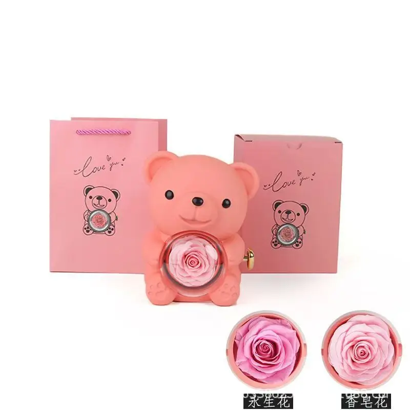 Preserved Rose Hug Bear with Preserved Flower Ring Necklace Organizer Gift Bear Shape Jewelry Box
