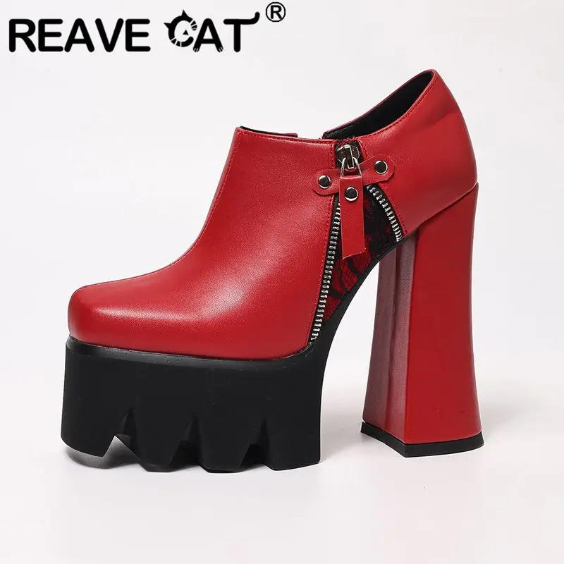 

Туфли-лодочки REAVE CAT красные женские с квадратным носком, на молнии, на высоком каблуке 14 см, на платформе, большие размеры 41, 42, 43, сексуальные туфли для свиданий и вечеринок