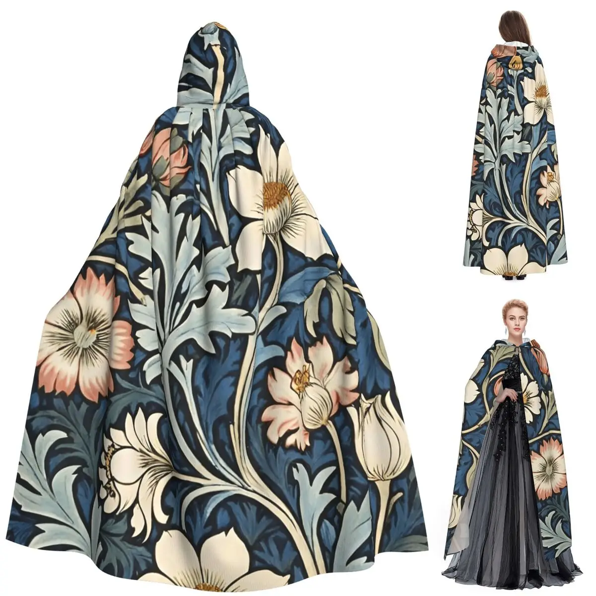 Encadré William Morris Botanical Bliss longue Cape à capuche sorcière Costume médiéval Cosplay Cape HalloweenParty adulte unisexe