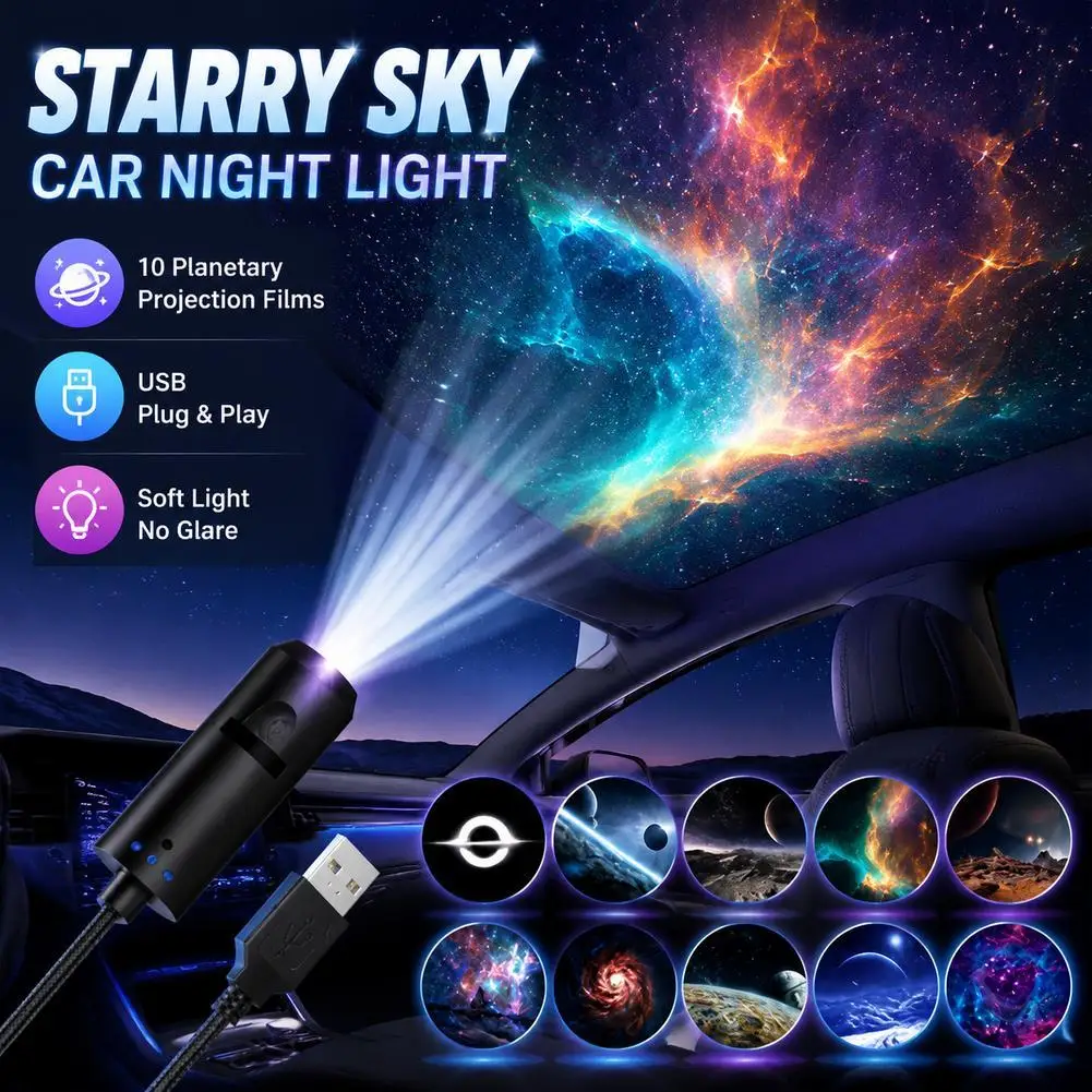 Image of USB-Projektor-Licht LED Sternenhimmel Nachtlicht 10 Bildwechsel Einstellbare Atmosphärenlampe Geschenk Auto-Ornament