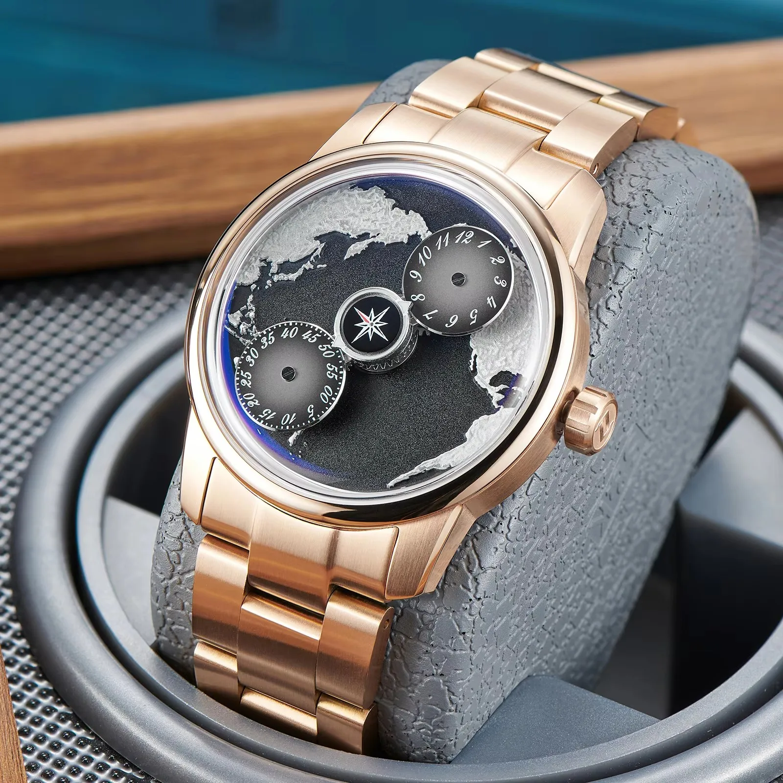 

OBLVLO Blue Planet Watch Creative Three Wheels Men Automatic Mechanical Wristwatches Sapphire Mirror Luminous Waterproof Watches