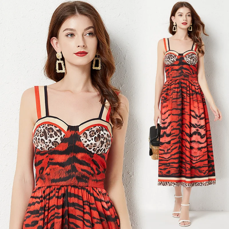 Vintage Stripe Print Leopart Dress Women 2023 Summer Spaghtti Straps Sundress Red Chest Paded Wrap A Line Maxi Vestidos