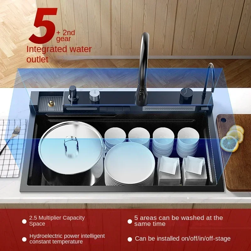 304 Stainless Steel Waterfall Large Single Sink Honeycomb Embossed Digital Display Kitchen Washing Basin