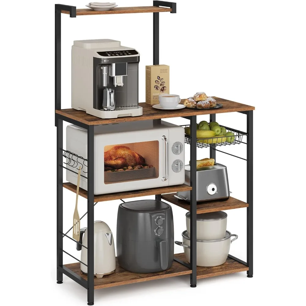 

Baker's Rack, Microwave Stand, Kitchen Storage Rack with Wire Basket, 6 Hooks, and Shelves, for Spices, Pots, and Pans, Rustic