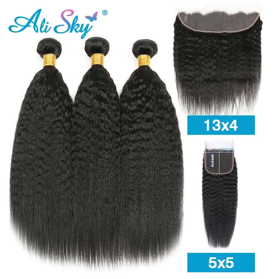 Kinky Straight Yaki Human Hair, 3Bundles, 4x4, 5x5 Closure, Long 30 ", Frmetaux, 13x4, Tisilleur Brilien