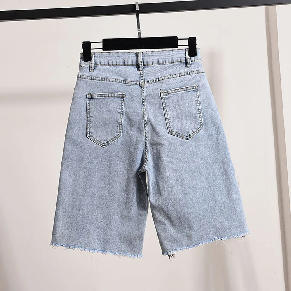 New Embroidered Floral High Waist Denim Sequin Design Light Blue Wide Leg Shorts Summer Fashion Women's Casual Denim Shorts