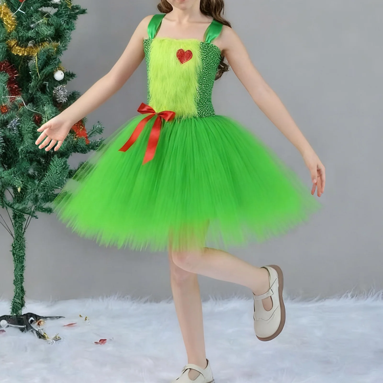

Girls Christmas Cute Spread Christmas Cheer in Style with our Green Furry Monster Puffy Skirt Costume