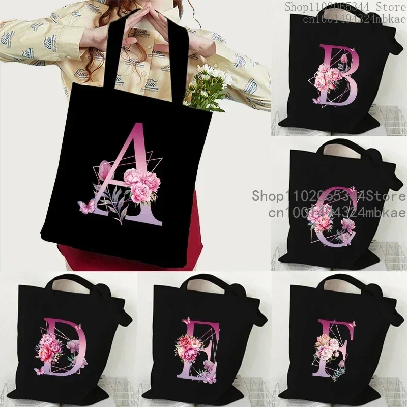 Purple Floral Alphabet Pattern Retro Canvas Tote Bag Women Men Reusable Shopper Bag Harajuku Fashion Letter Shoulder Handbags