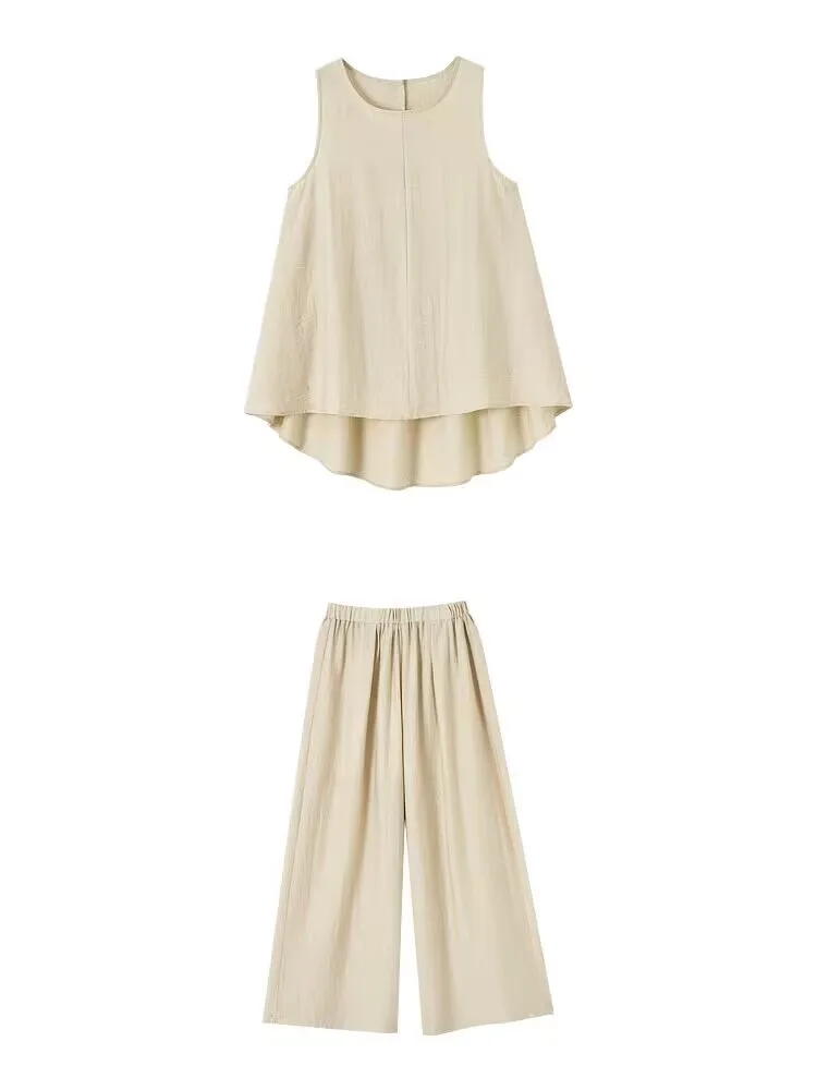 Top informal sin mangas y pantalones de pierna ancha, conjunto de dos piezas de lino y algodón a la moda para mujer, novedad de verano, moda perezosa para mujer N876