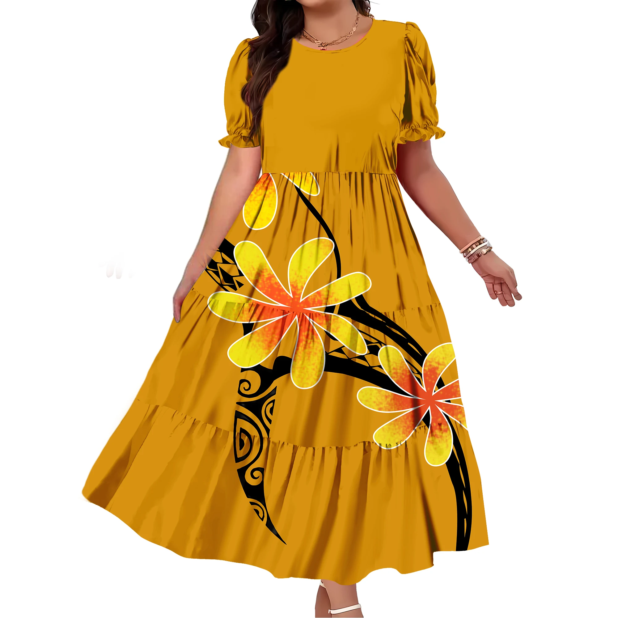 

Summer Island Loose Short-Sleeved Long Dress Polynesian Tribal Custom-Made Retro Elegant Women'S Puffed-Sleeve Dress