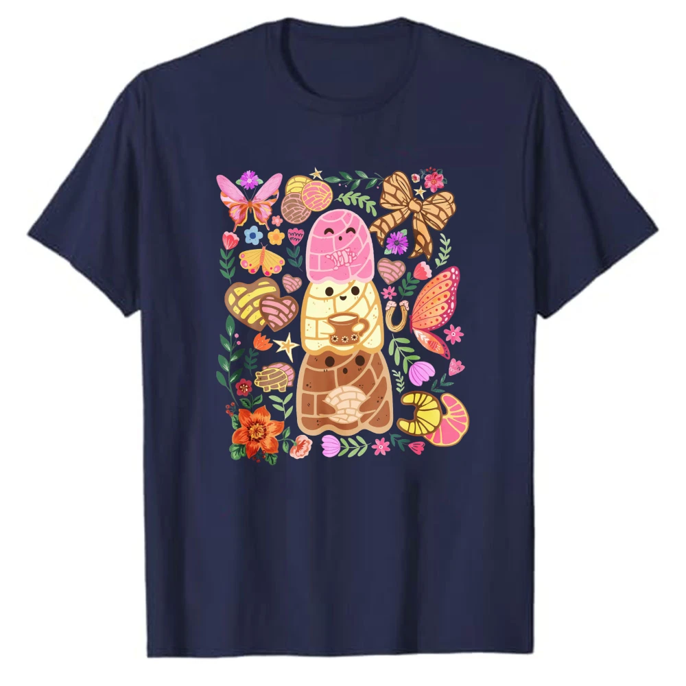 Cute Mexican Concha Ghost T‑Shirt Sweet Bread Ghost Butterfly Floral Bow Heart Colorful Folk Art Pastry Lover Spooky Cotton Tees
