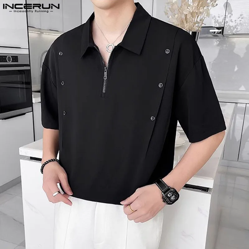 

Handsome Well Fitting Tops INCERUN Men Solid Drape Half Zipper Shirts Casual Simple Summer Male Short Sleeved Lapel Blouse S-5XL