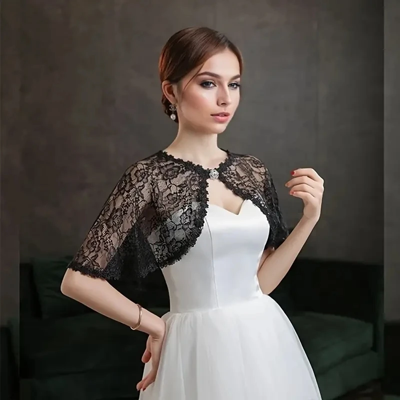 1Pcs Bride\'s Wedding Romantic Lace Shawl Elegant Rhinestone Button Shoulder Cape Thin Breathable Sunscreen Short Shawl For Women