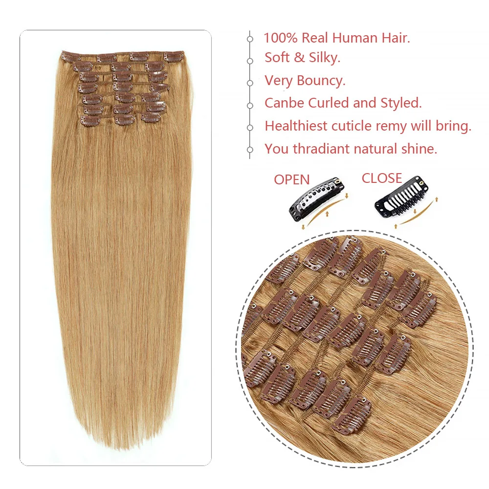 Extensiones de cabello rubio con Clip para mujer, extensiones de cabello humano 100% Remy, postizo con Clip, 24 pulgadas, 10 piezas, #27