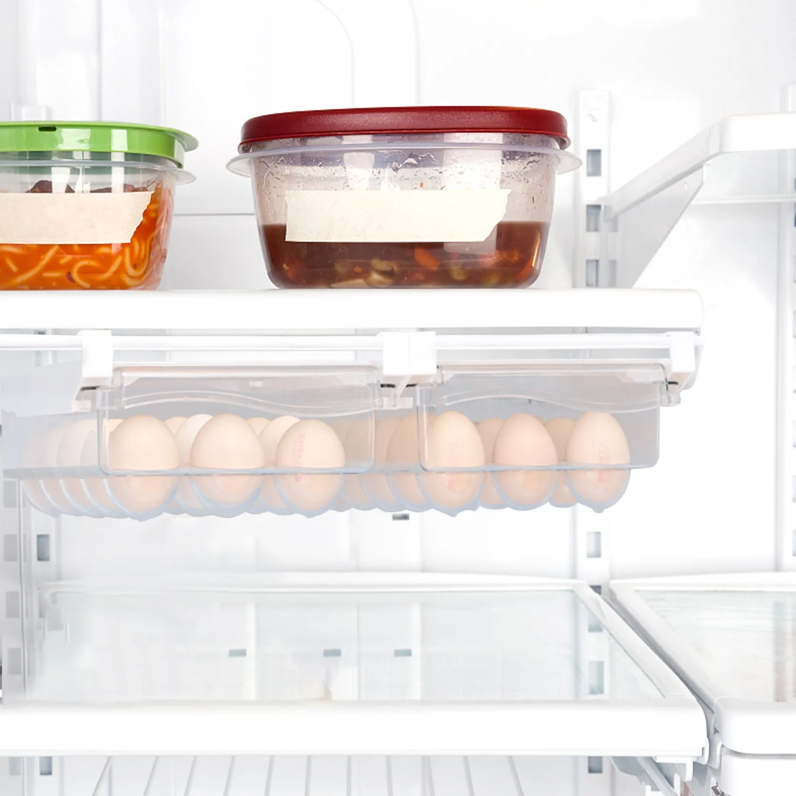 1Pcs Drawer Type Egg Holder for Fridge Multi-Compartment Groove Design Keeps Eggs Fresh Intact Space Saving Refrigerator Egg