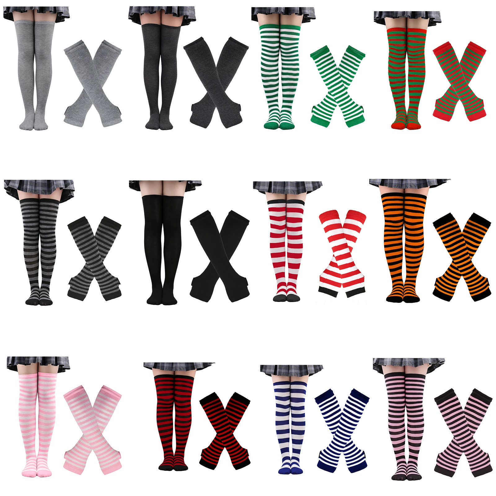 Women\'s Long Socks Fingerless Gloves Set Soild Color Striped Over Knee Thigh High Warm Stockings Lolita for Girls Teen Halloween