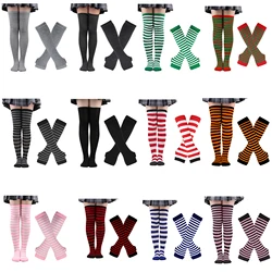 Women's Long Socks Fingerless Gloves Set Soild Color Striped Over Knee Thigh High Warm Stockings Lolita for Girls Teen Halloween