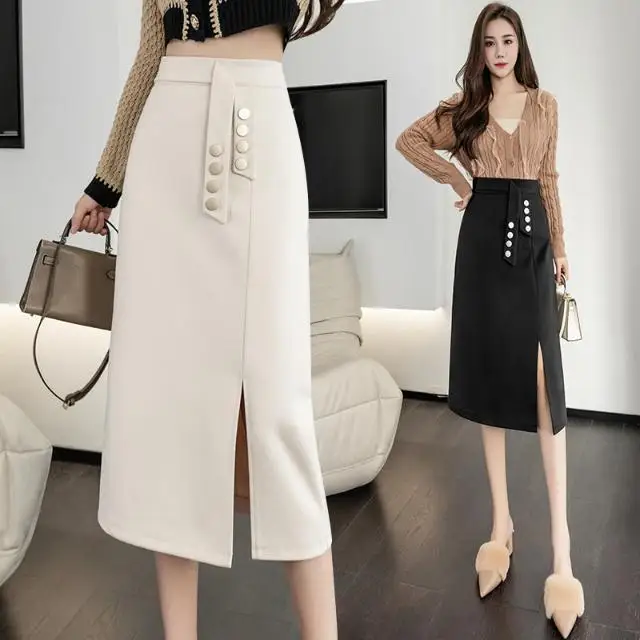 Professional Woolen Skirt Women Autumn Winter Slit Hip-pack Skirt Fashion