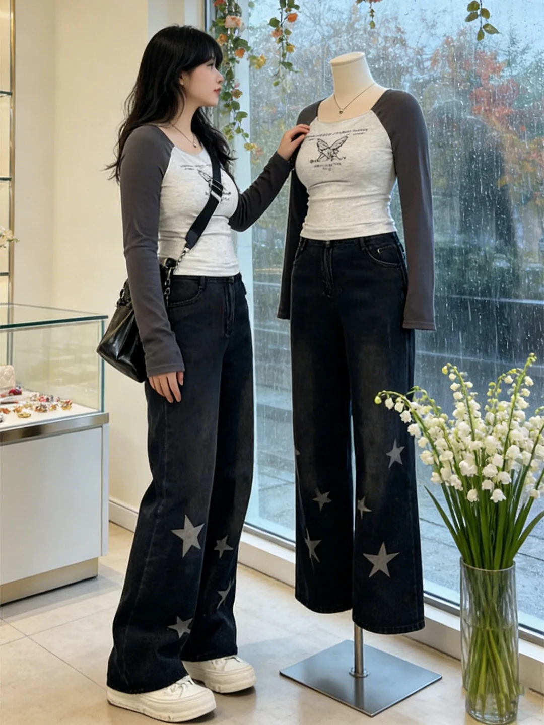 

American Retro Star Wide Leg Jeans Women's Spring New Large Size Fat MM Loose Slim Straight Tube Pants High Waist Zipper