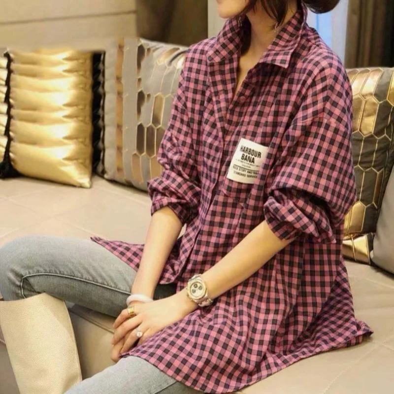 Long Sleeve Plaid Blouse Woman Satin Casual Loose Vintage Elegant Chic Top Women\'s Buttoned Shirt Fashion Aesthetic Korean Style