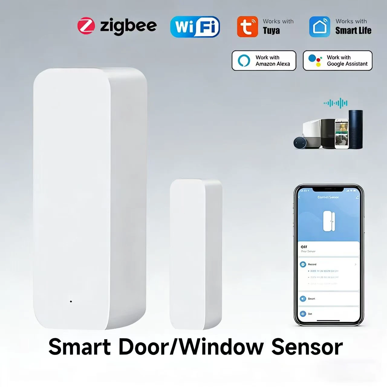 Tuya Smart Home Security Door Window Contact Sensor, WiFi Zigbee 3.0 2MQTT Open Closed Alarm, Compatible with Alexa Smart Life