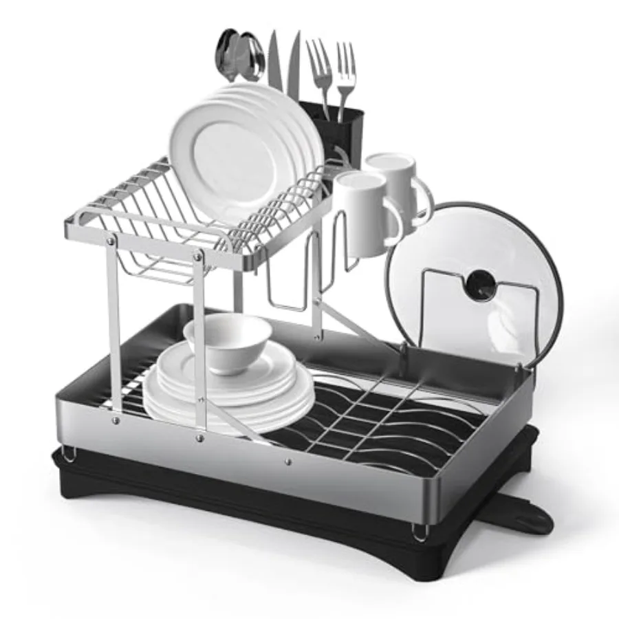 

Dish Drying Rack 2 Tier Foldable Stainless Steel Dish Racks for Kitchen Counter Multifunctional Large Dish Drainer with Rotatab
