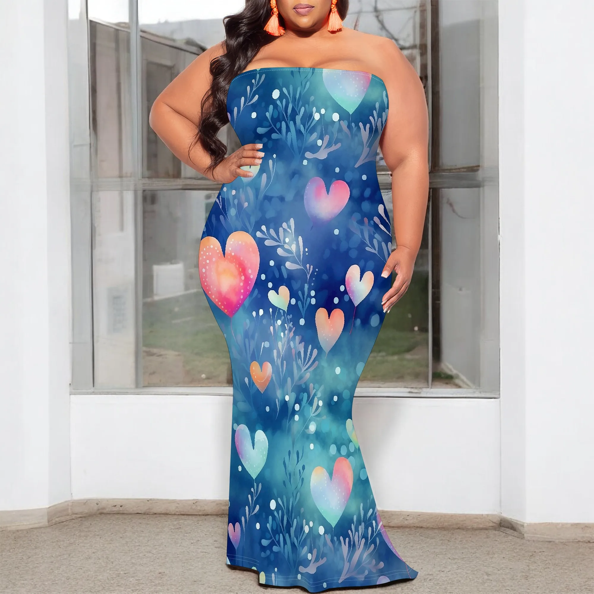 

XL-6XL Strapless Heart Print Maxi Dress for Women Plus Size Romantic Style for Valentine's Day or Evening Art Party Look