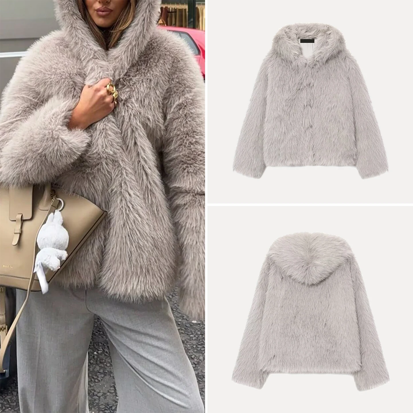 

Модная женская куртка с капюшоном и эффектом искусственного меха, осенняя новинка, укороченное пальто с воротником-стойкой, длинный рукав