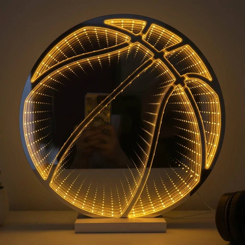 Basketball InfiniteLED 3D Mirror Sign For Kids Boys Bedroom Home Wall Decor Gift for Kids Basketball Fans Sports Room Decoration