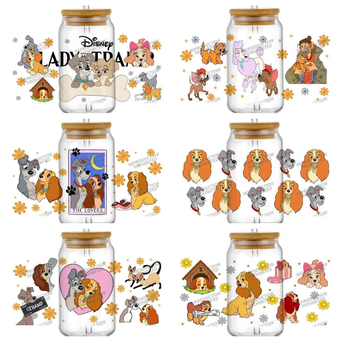 Nieuwe 21 Ontwerp Lady Tramp Cartoon Leuke Hond 16 oz UV DTF 3D Telefoon Sticker Decals Wraps Glas Kan Cups creatieve Craft DIY Geschenken