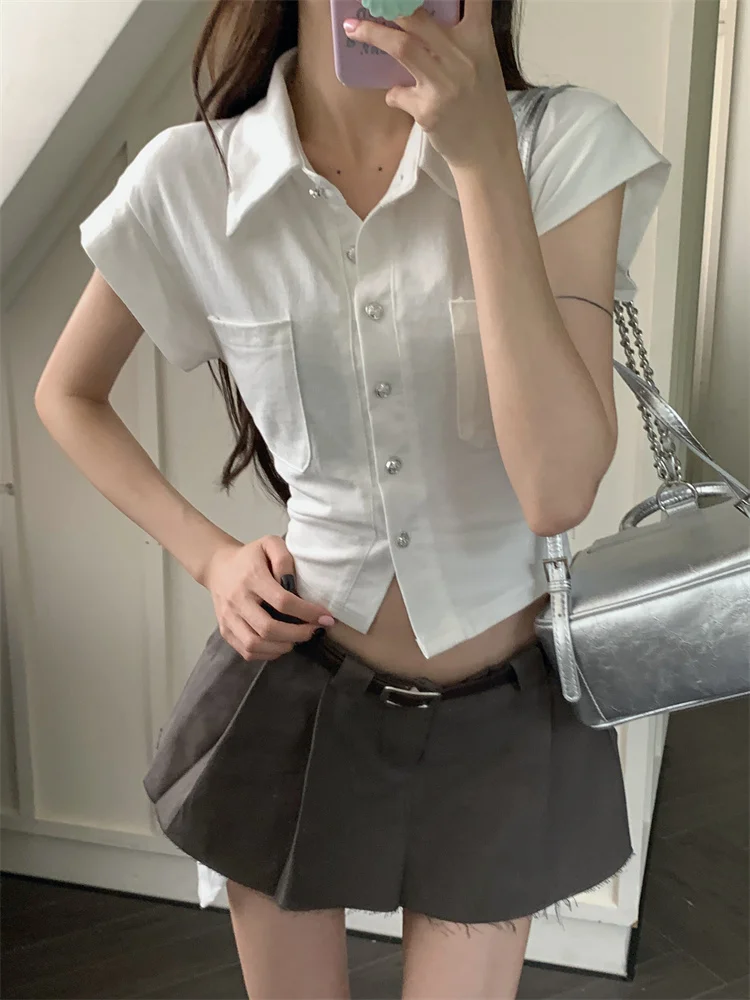 White Chic Short Sleeved Shirt Women's Summer Hot Girl Tight Fitting Shirt French Waist Mini Skirts Short Top