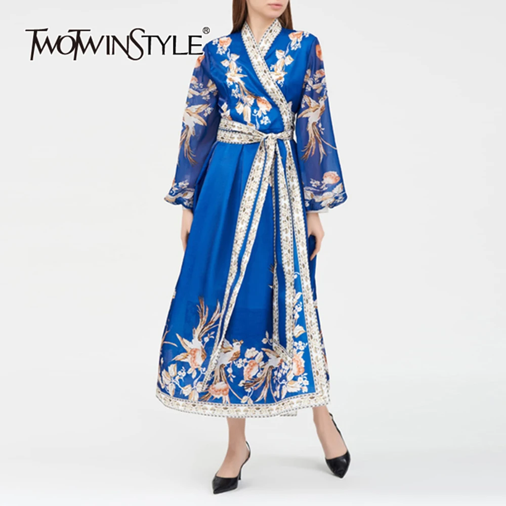 

TWOTWINSTYLE Colorblock Printing Patchwork Lace Up Dress For Women V Neck Long Sleeve High Waist Vintage Dresses Female Fashion