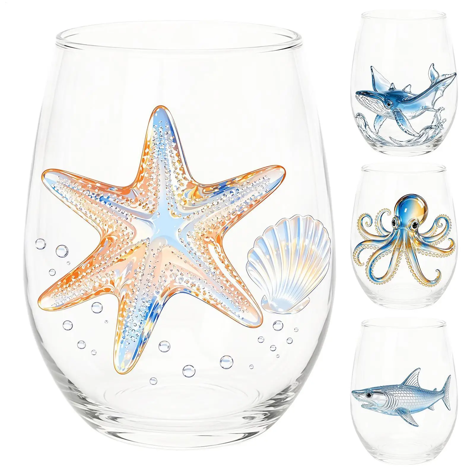 Water glass Mug Transparent Tea Juice Milk Coffee Mug Ocean life bar glass Ocean-themed seahorse glass Animal Print Glass Cup