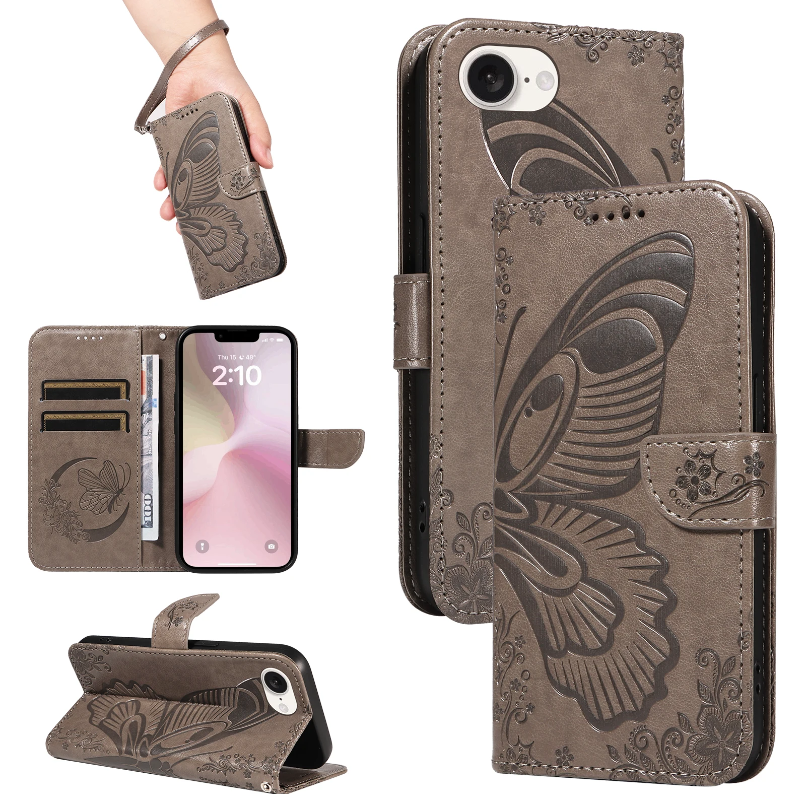 Étui portefeuille en cuir pour Apple iPhone 13 14 15 16 16E 17E 17 Pro Max Plus |   Porte-cartes avec motif papillon en relief