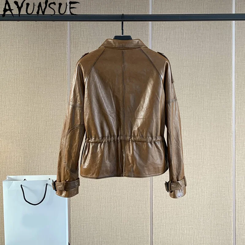 AYUNSUE 100% Genuine Sheepskin Jackets Woman Distressed Waxed Leather Jackets Woman Clothes Turn-down Collar 2025 Abrigo Mujer