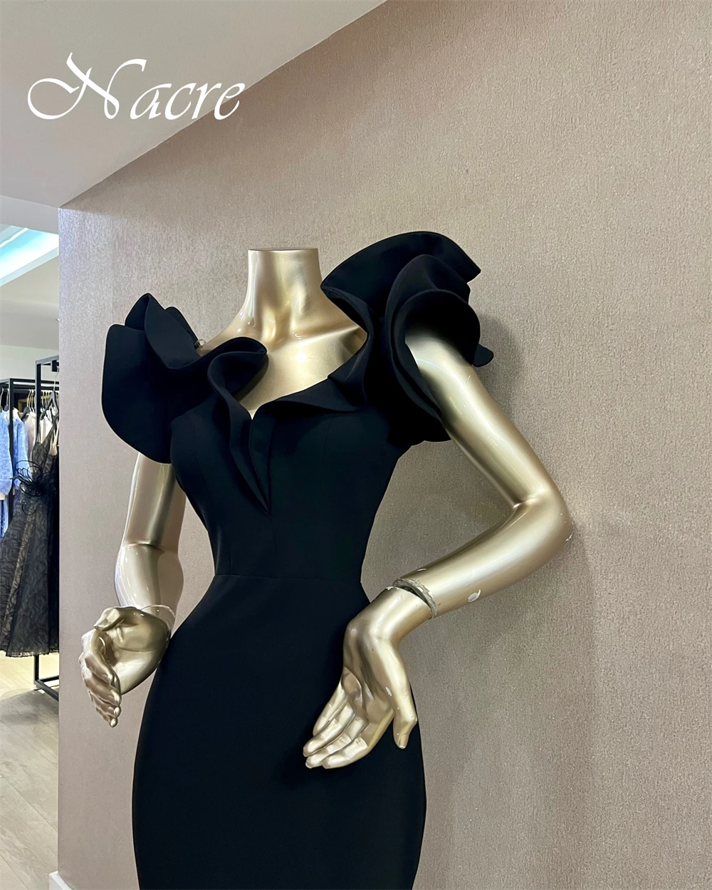 Personalizado requintado com decote em v ruched sem mangas vestido de noite temperamento preto sereia jérsei vestidos de baile clássicos vestidos de festa