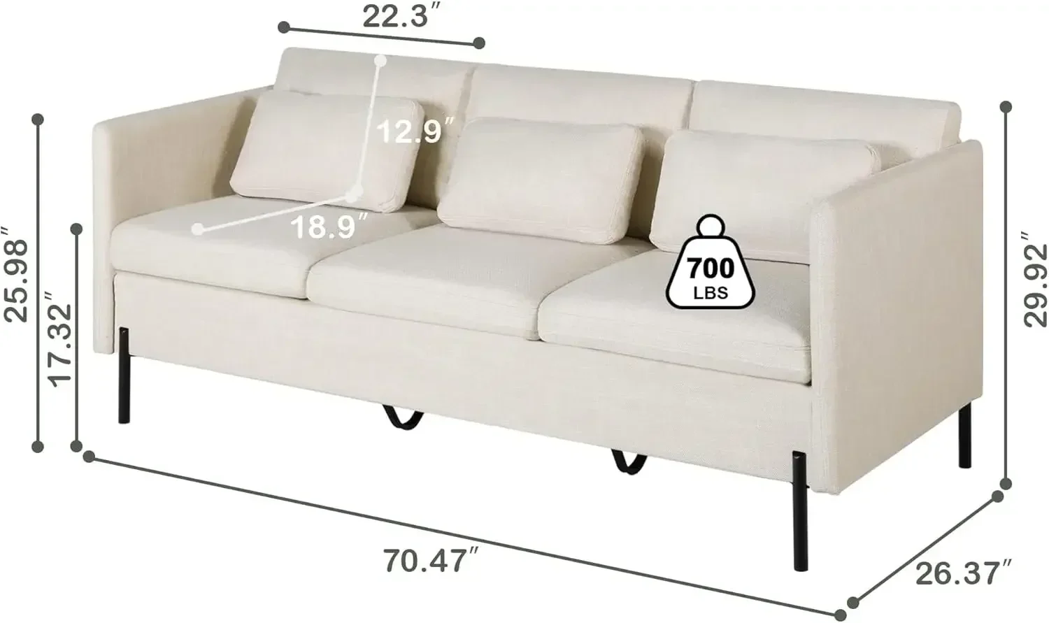 Sofa Couch, 3 Seater Couches for Living Room, Comfy Sofa w/3 Pillows and Iron Legs, Fabric Sofa for Small Spaces, Bedroom, Offic