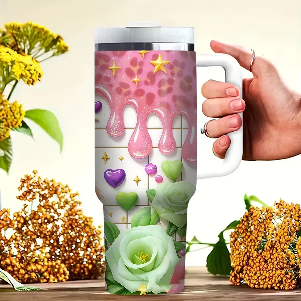 40Oz Tumbler with Handle, Features Cute Cat Pink Flower Dripping Leopard Print, Suitable for Cat Lovers, Fits Both Hot And Cold Drinks, Ideal for Outdoor Picnic Work Daily Travel Use All Year Round