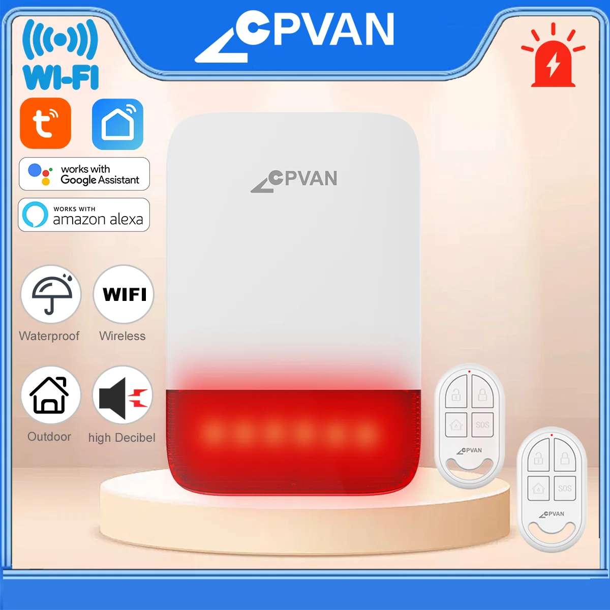 CPVAN Wireless WIFI Tuya Home Alarm Siren High Decibel Waterproof Built-in 5000mAh Battery Home Security Protection Alarm EU plu