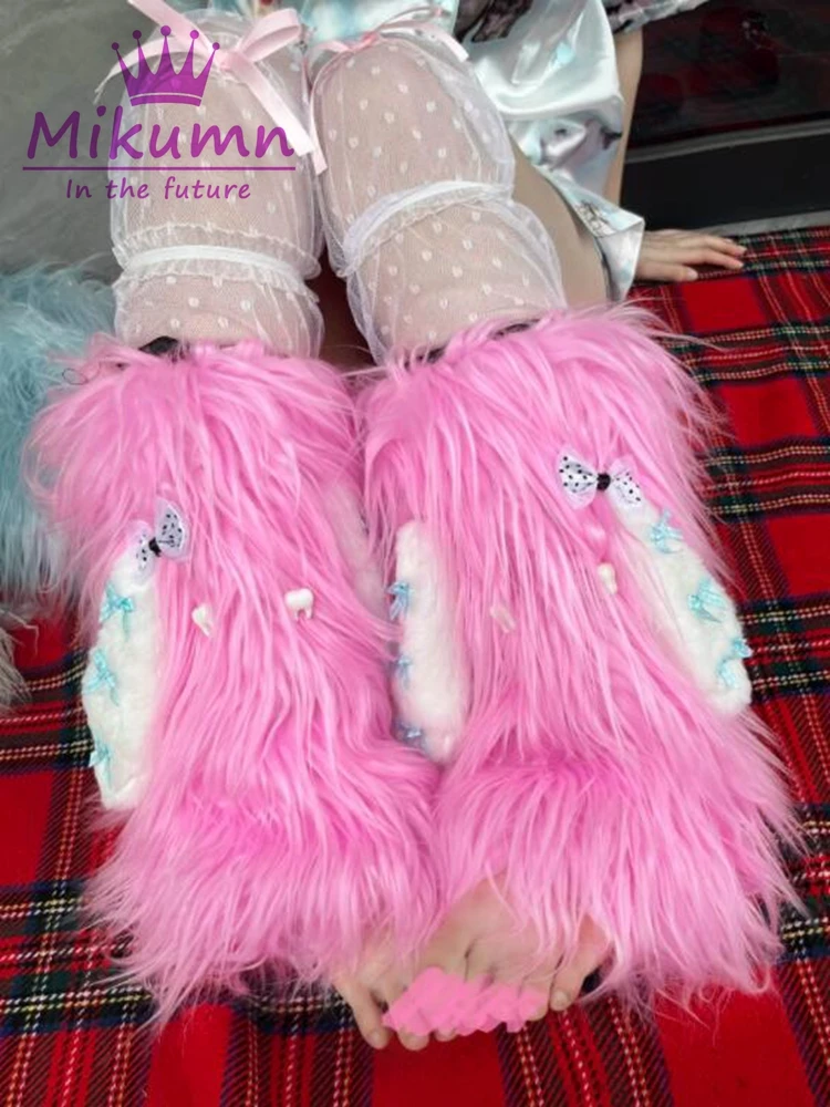 Harajuku Pink Blue Sweet Bow Faux Fur Leg Warmers Socks Y2K Girls Japanese Kawaii Cartoon Rabbit Ears Warm Boot Cover Streetwear