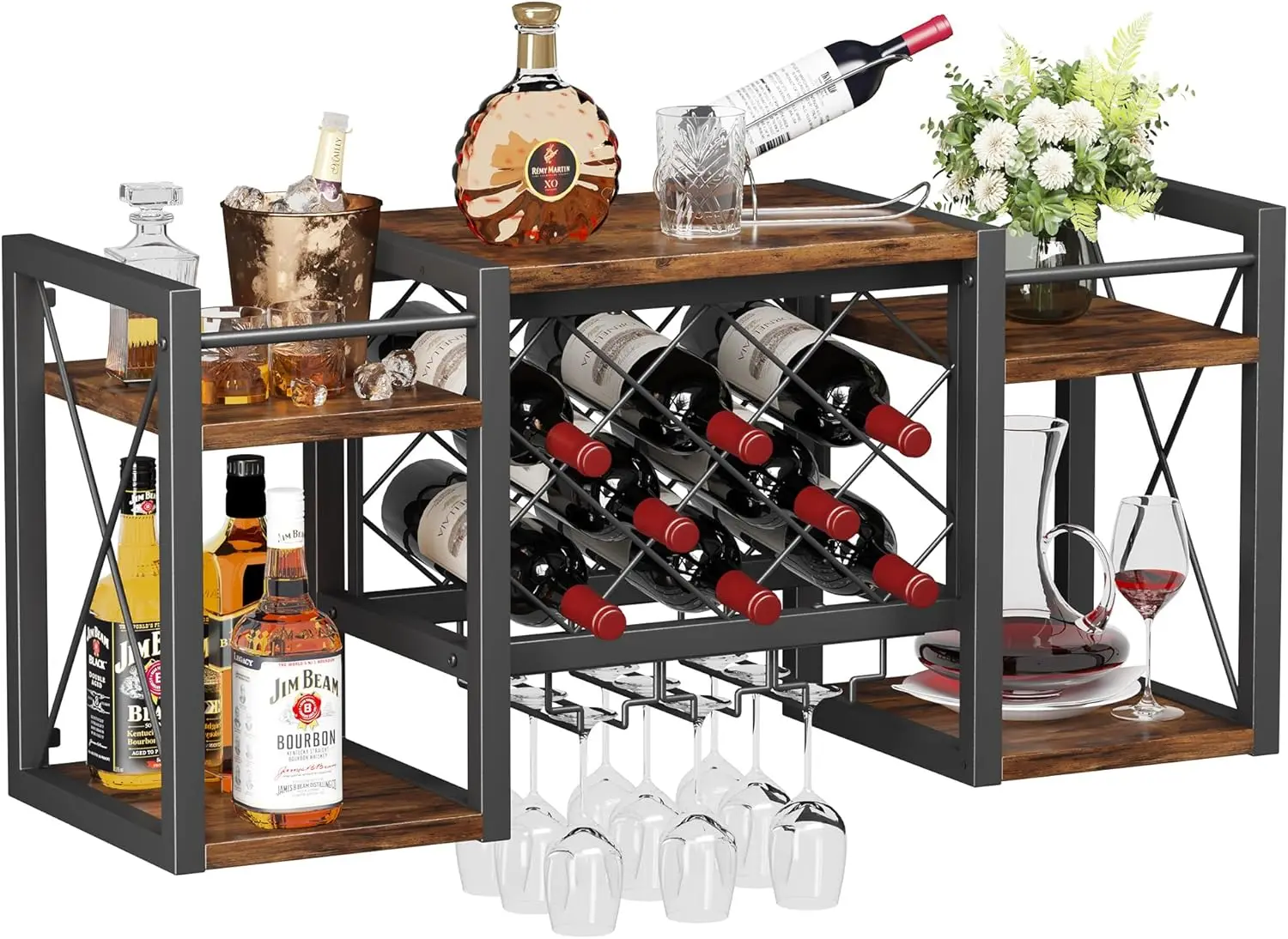 

Wall Mounted Wine Rack with Glass Holder, Retro Wood-Metal Bar Shelf for Kitchen Dining Room Home Storage