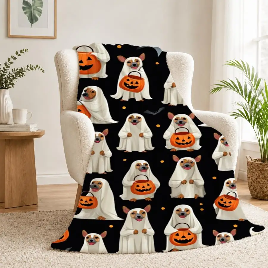 Cozy Weighted Flannel Throw Blanket Suitable for - Use - Cute Dogs & Jack-o-Lanterns on Black, Soft Warm Fleece Bedspread for Couch, Bed, Travel, Machine Washable Gift for &, Contemporary or Decor