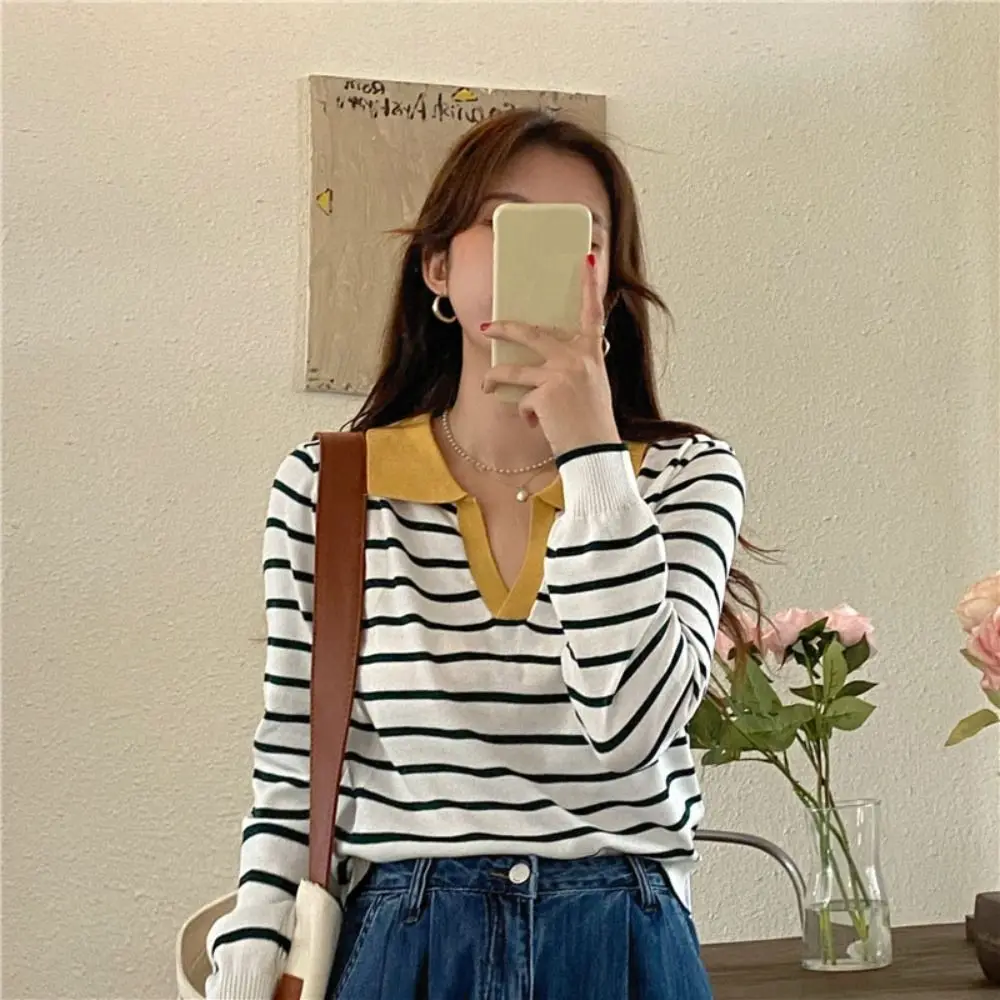 

Элегантный топ с v-образным вырезом в полоску и длинными рукавами, облегающий тонкий трикотаж в стиле пэчворк Y2k, пуловер с лацканами, футболка в полоску, осень-весна
