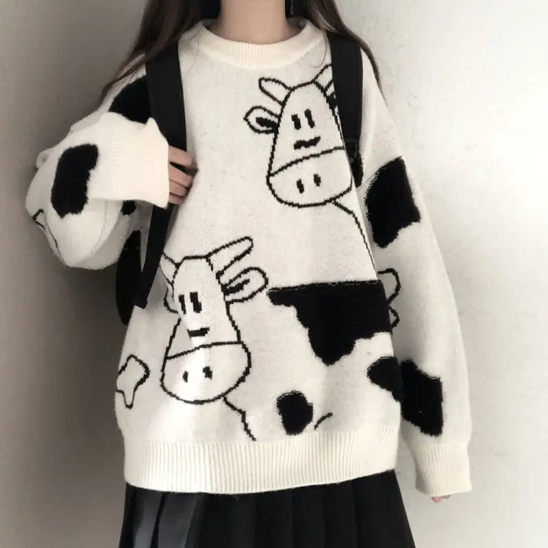 2024 Spring Autumn Women Cute Cartoon Sweater Wide Leg Pants 1 or Two Piece Set Korean Lady Casual Loose Knit Tops Jeans Outfits