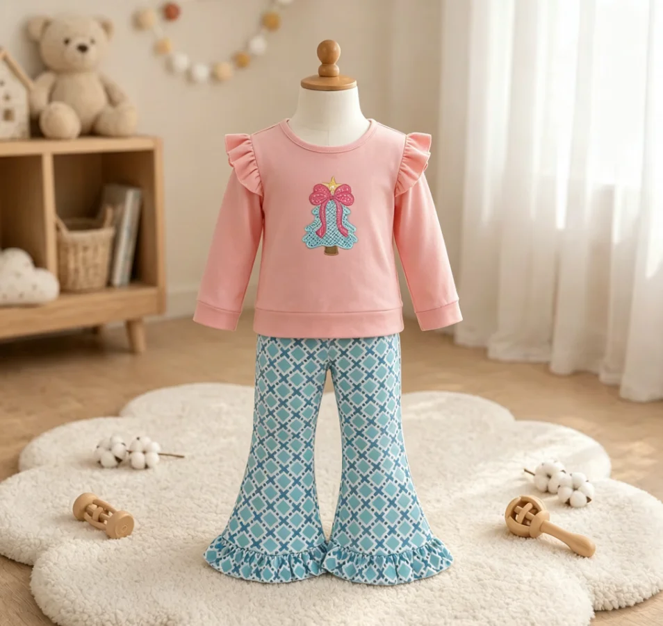 Wholesale Toddler Kids Christmas Set Long Sleeve Embroidery Bows Tree Shirt Baby Girl Clothing Plaid Pants Girls Children Outfit