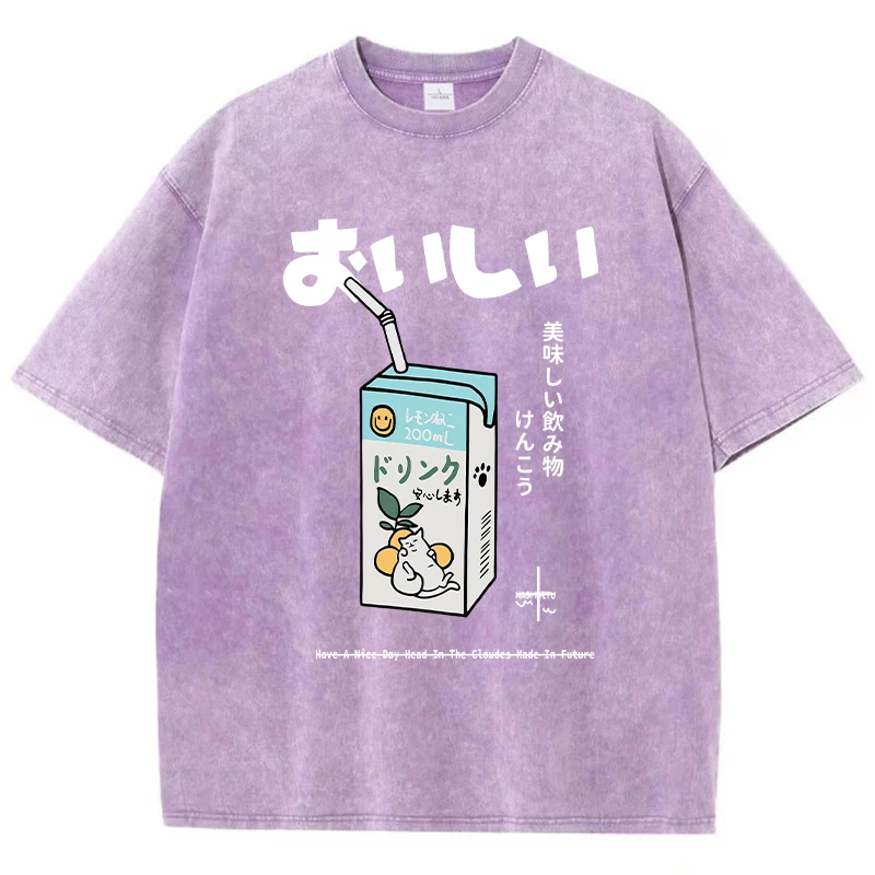 Casual Women Cotton Washed T-Shirt Cartoon Drink Pattern Printing Short Sleeve Loose O-Neck Tee Shirt Vintage Female Clothes