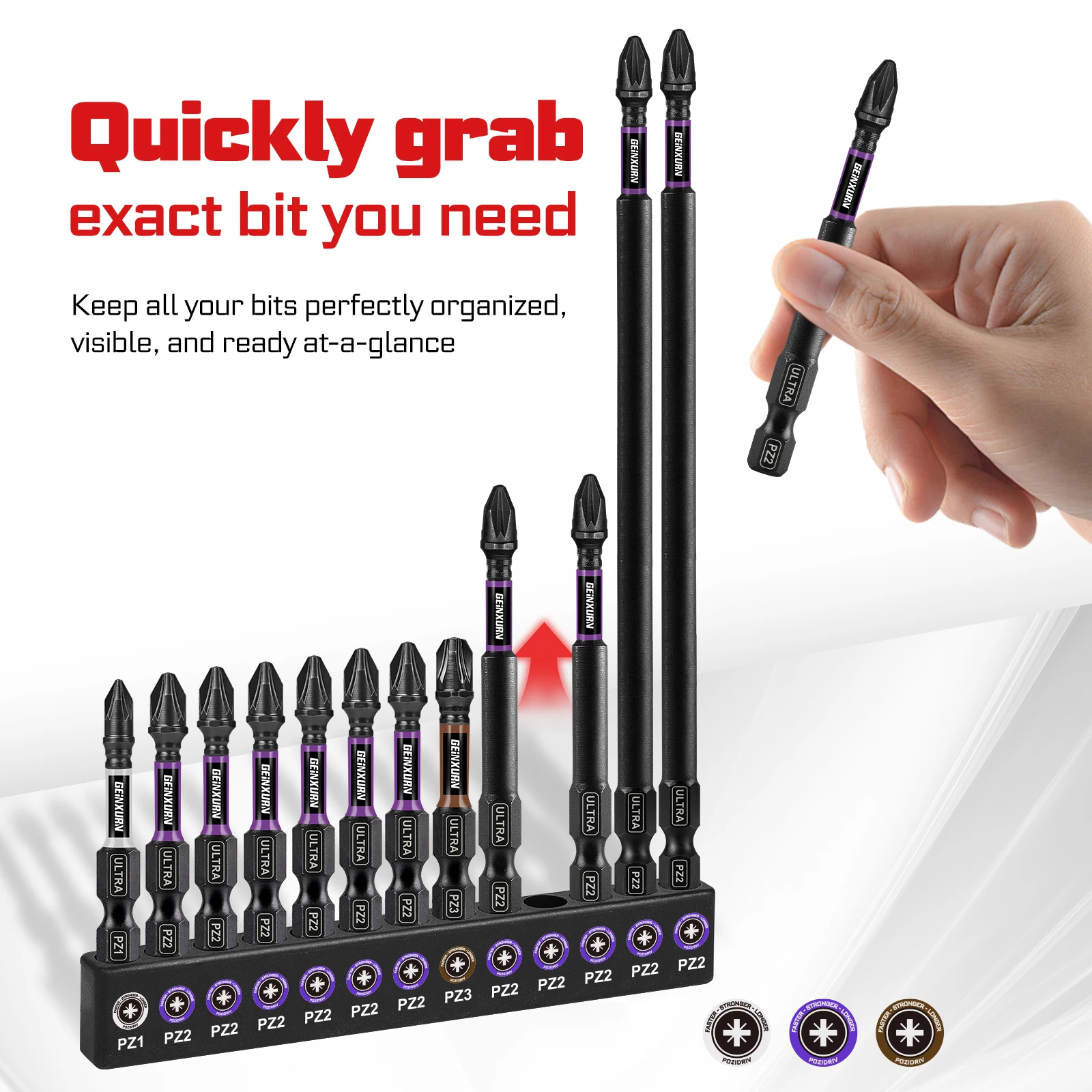 Geinxurn 54PCS 1“2”3"6"Impact Magnetic PZ1,PZ2,PZ3 Screwdriver Bit Set,S2 Alloy Steel Bit with Magnetizer/Demagnetizer with Base view 6