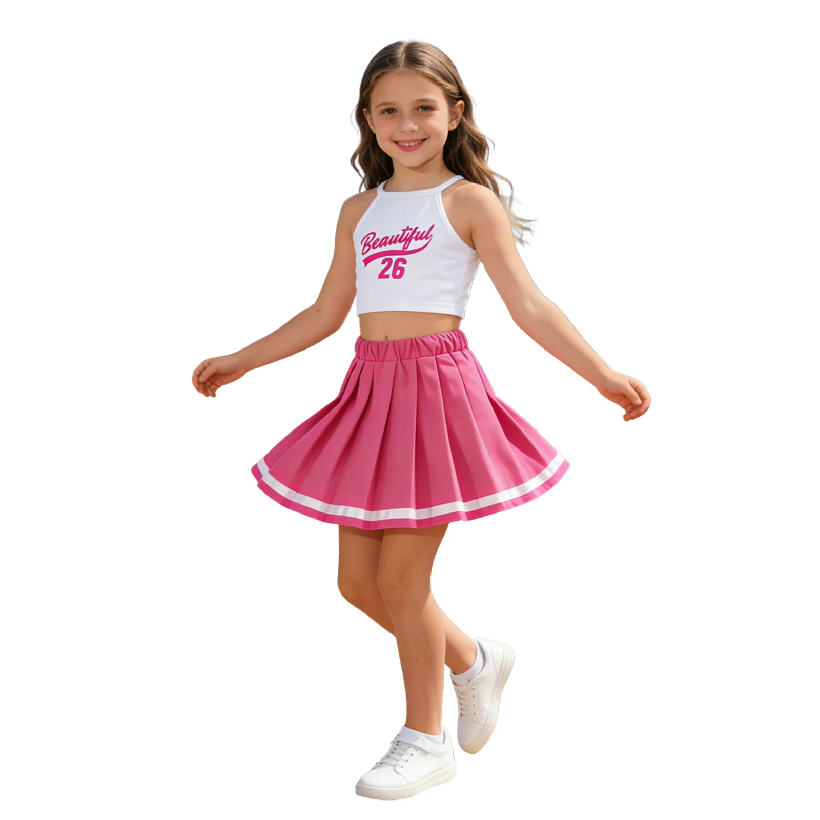 

Kids Girls Rhythmic Cheerleading Outfit Halter Sleeveless Letter Print Camisole with Skirt for Party Birthday Stage Performance