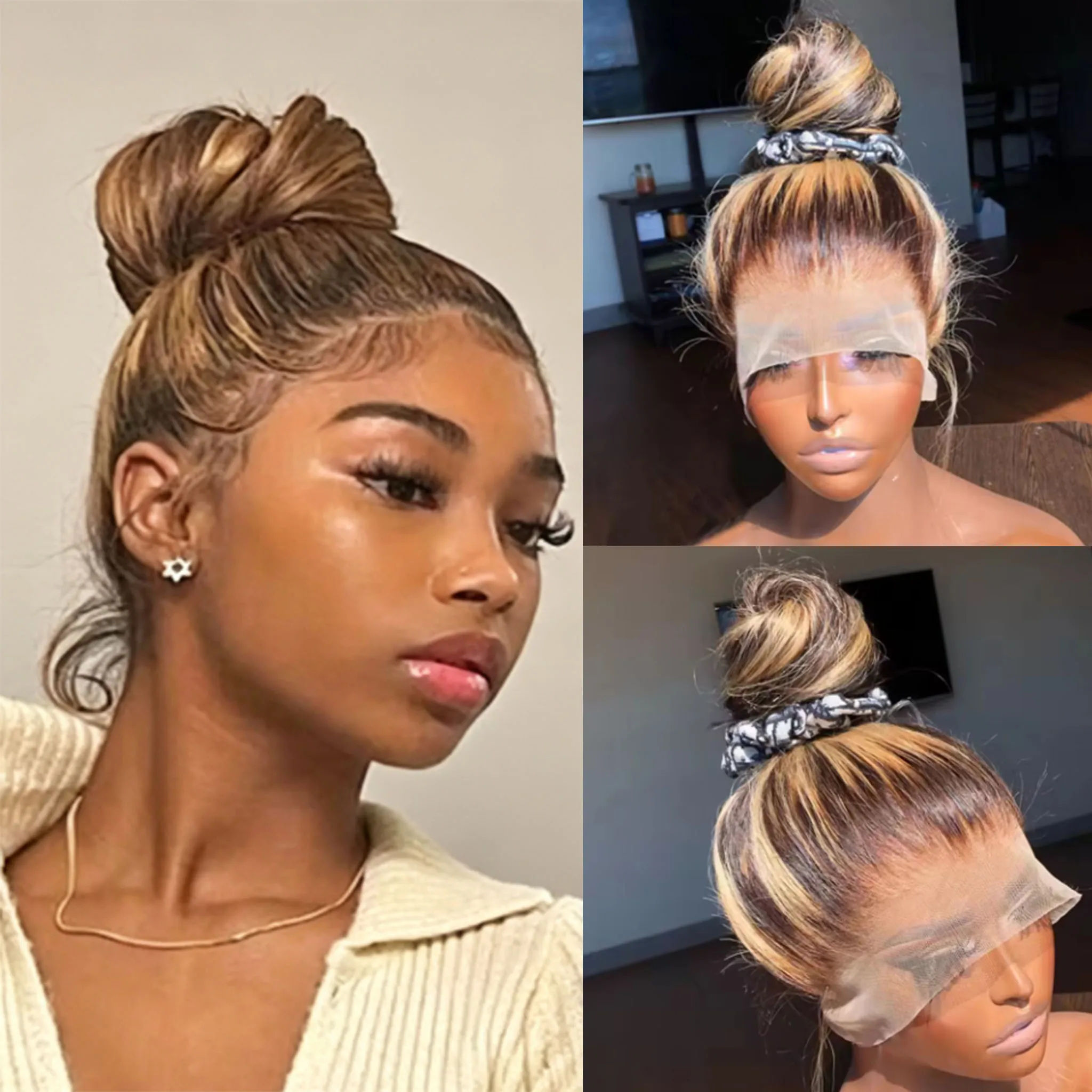 32 40 Inch Highlight Human Hair Wig 360 Full Lace 100% Human Hair Wig Golden Brown Ombre Full Lace Frontal 250% High Density Human Hair Wigs